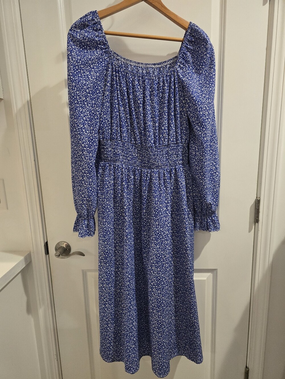 Blue And White Floral Smocked Waist Maxi Dress